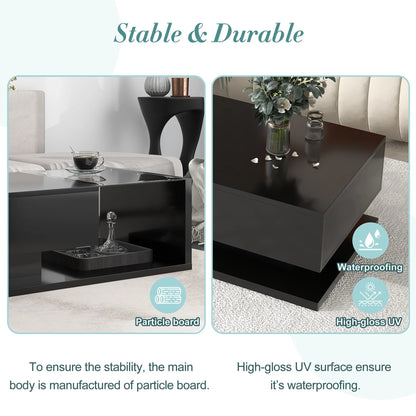 JQCX Modern Coffee Table With Tempered Glass, High-Gloss UV Surface And 2-Tier Storage