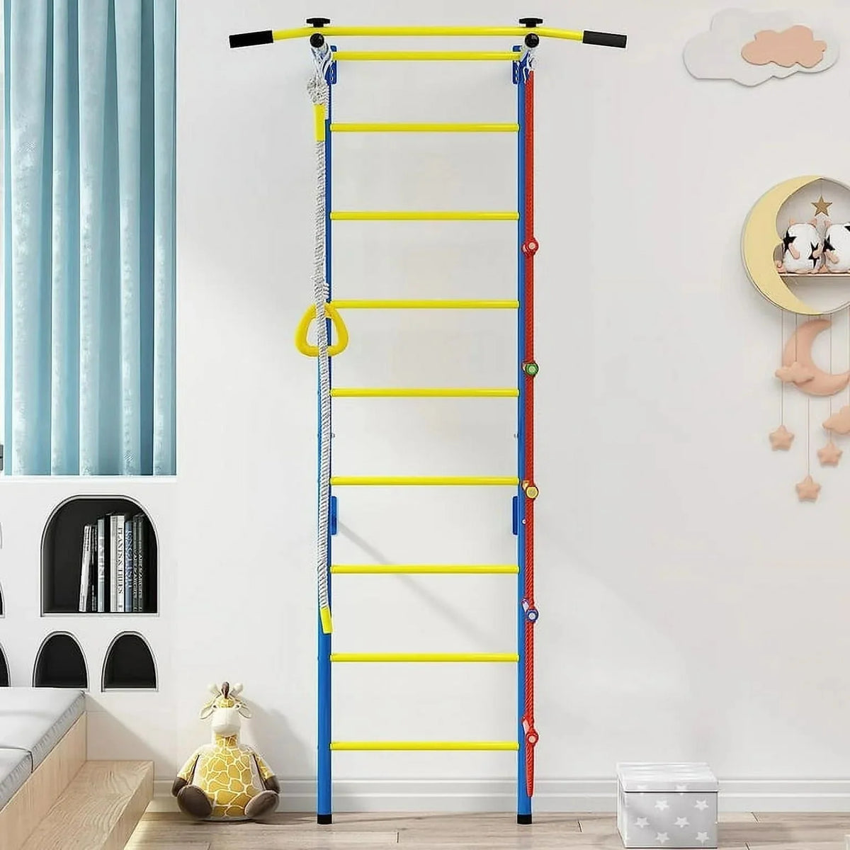 Cuoote Metal Wall Ladder Stall Bars Set With Pull-Up Bar, Climbing Rope And Gymnastic Rings - 5-In-1
