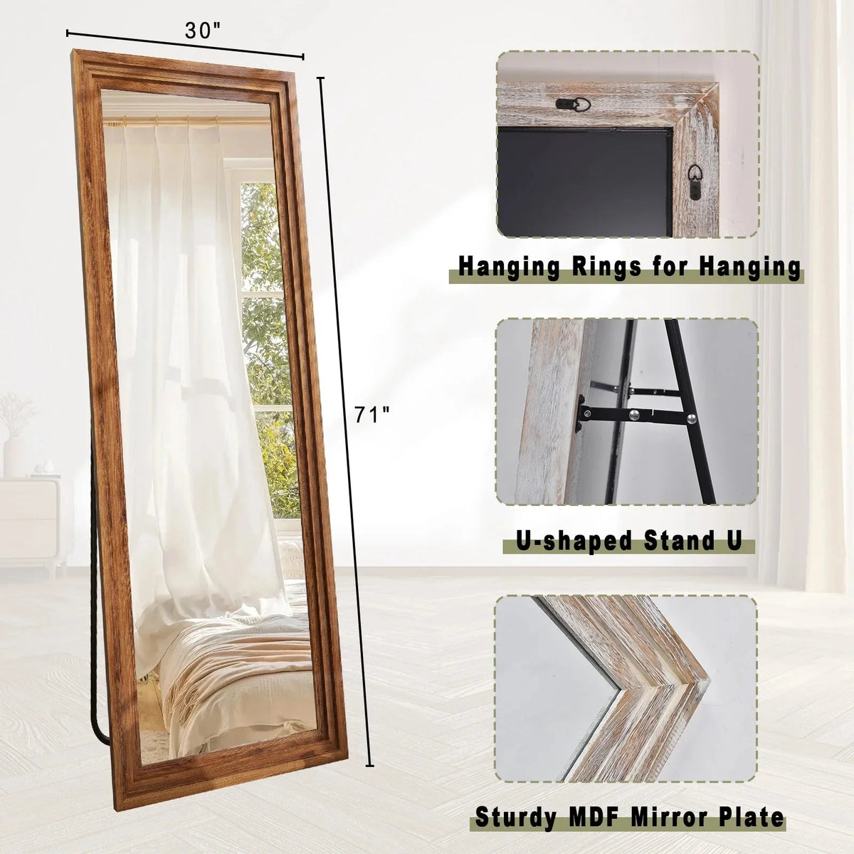 BEAUTYPEAK Full Length Floor Mirror With Stand, 64 x 21 in, Retro White
