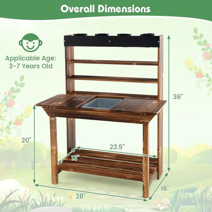DORTALA Kids Potting Bench Mud Kitchen, Fir Wood, 4 Pots, 28 x 16 x 36 in