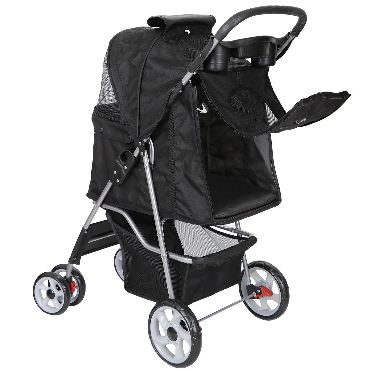 HomGarden 4 Wheel Foldable Pet Stroller Carrier Cart With Storage Basket And Cup Holder - Black