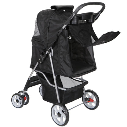 HomGarden 4 Wheel Foldable Pet Stroller Carrier Cart With Storage Basket And Cup Holder - Black