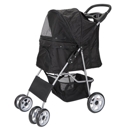 HomGarden 4 Wheel Foldable Pet Stroller Carrier Cart With Storage Basket And Cup Holder - Black