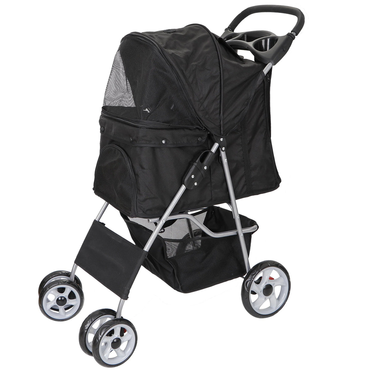 HomGarden 4 Wheel Foldable Pet Stroller Carrier Cart With Storage Basket And Cup Holder - Black