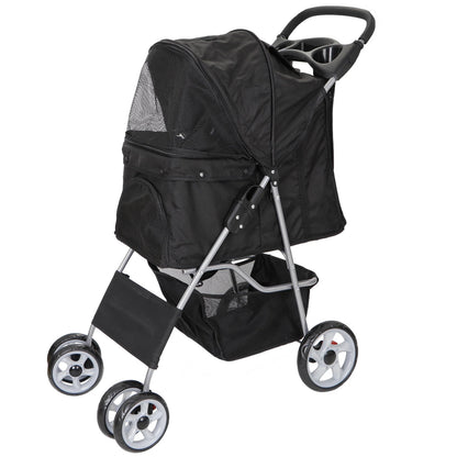 HomGarden 4 Wheel Foldable Pet Stroller Carrier Cart With Storage Basket And Cup Holder - Black