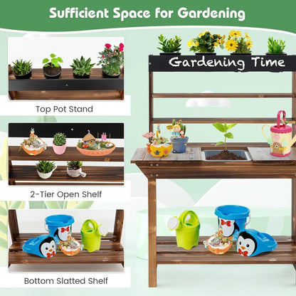 DORTALA Kids Potting Bench Mud Kitchen, Fir Wood, 4 Pots, 28 x 16 x 36 in