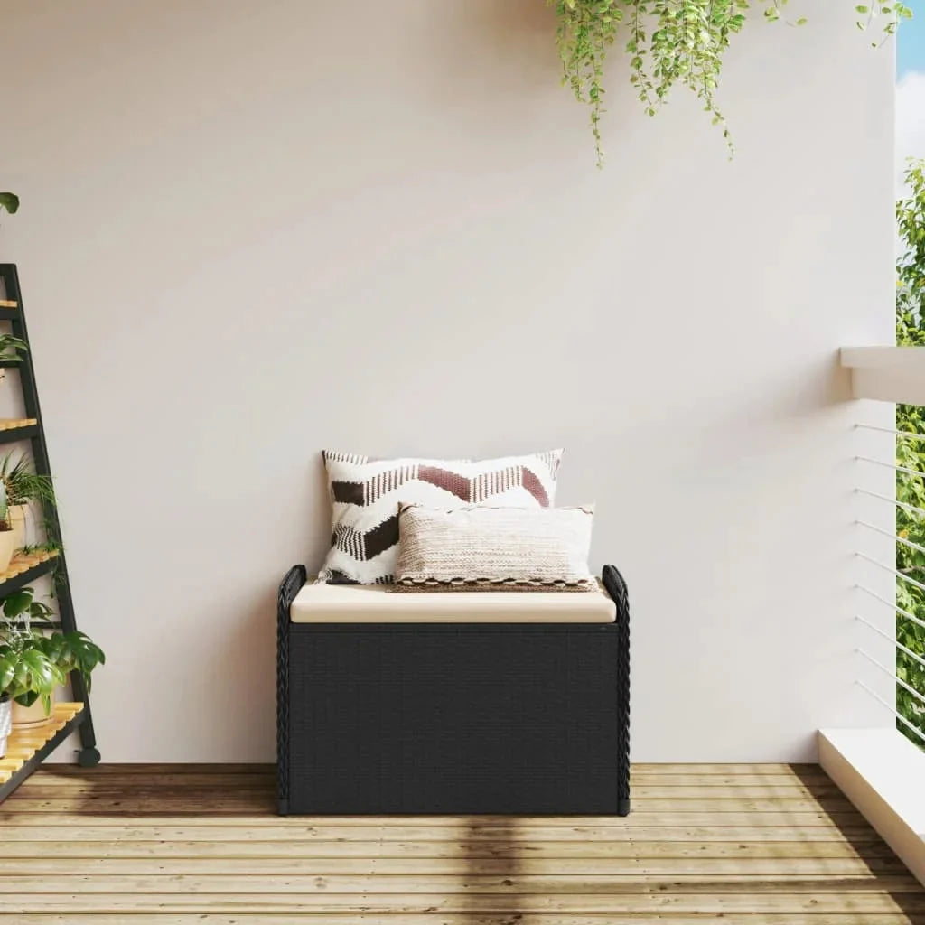 vidaXL Outdoor Poly Rattan Storage Bench With Cushion, Black, 45.3 x 20.1 x 20.5 in