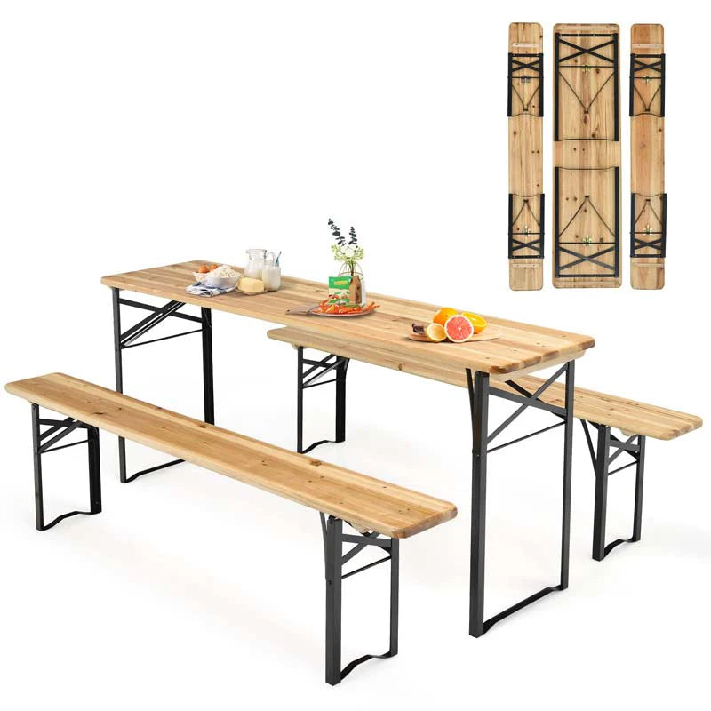 3-Piece Folding Picnic Table Bench Set, 70in Wooden Top - Black