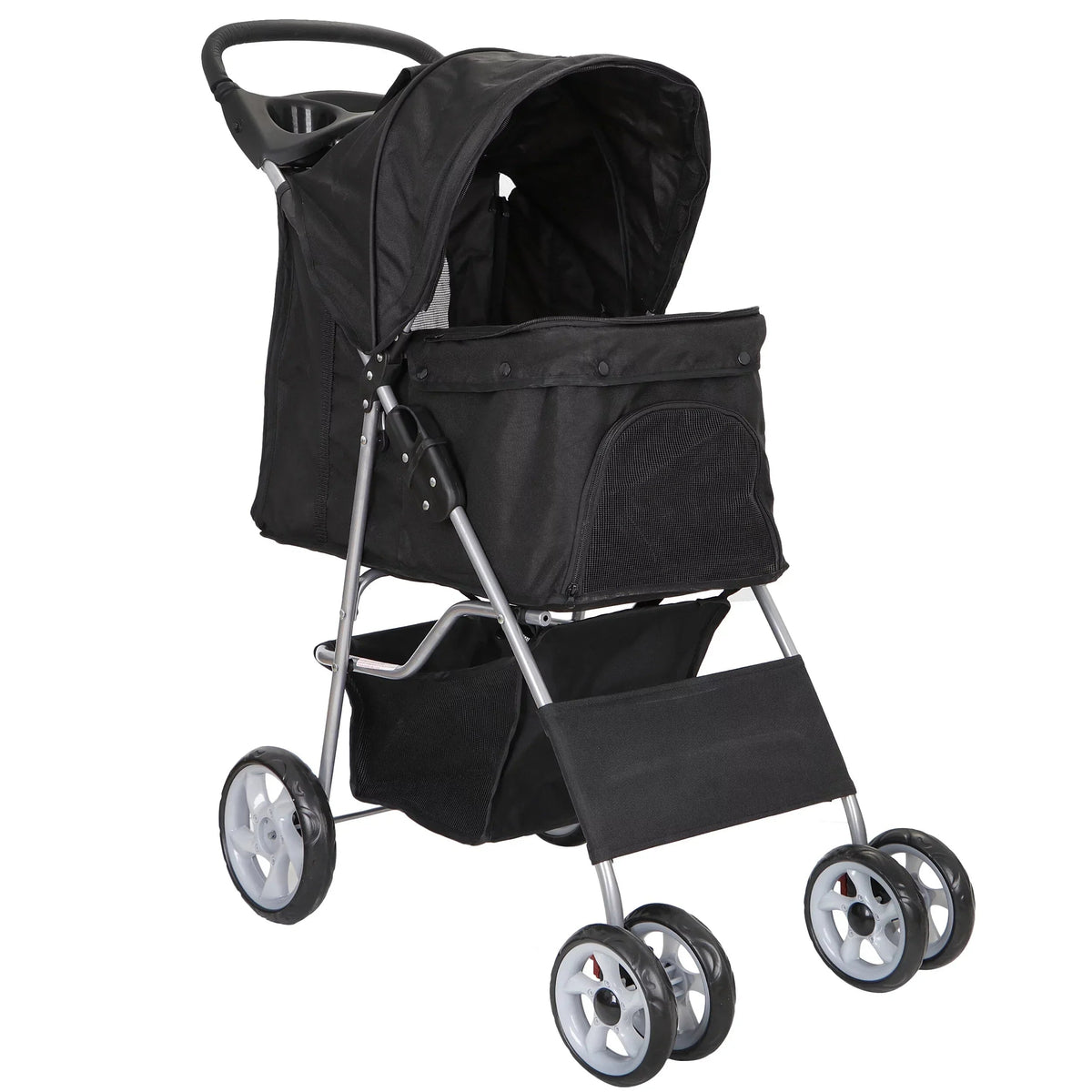 HomGarden 4 Wheel Foldable Pet Stroller Carrier Cart With Storage Basket And Cup Holder - Black