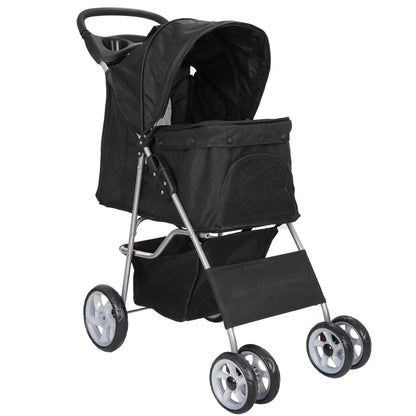 HomGarden 4 Wheel Foldable Pet Stroller Carrier Cart With Storage Basket And Cup Holder - Black