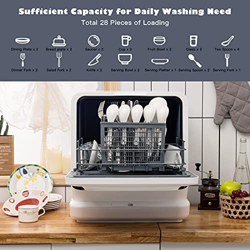 COSTWAY Portable Countertop Dishwasher, 7.5L Water Tank, White - 10015-CYFP