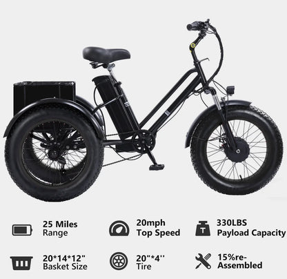 YEBEI Folding Electric Tricycle for Adults, 500W Motor, 48V15AH Lithium Battery, 20 x 4.0 in Fat Tires