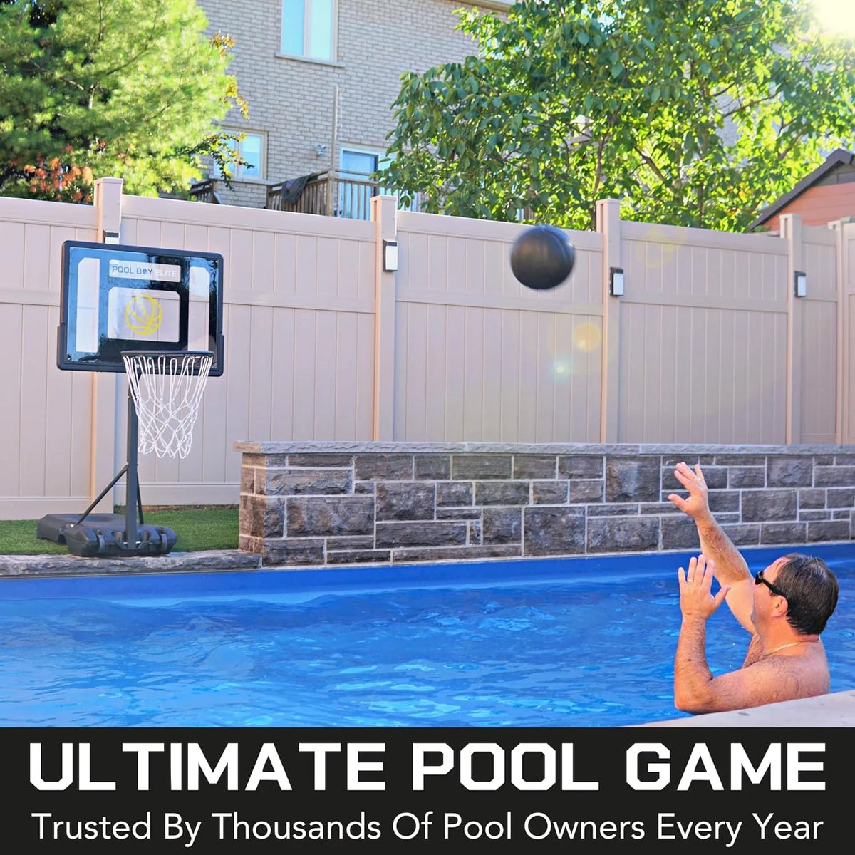 POOL BOY SPORTS Poolside Basketball Hoop With Composite Leather Basketball, Air Pump And Tools - Pool Boy Elite