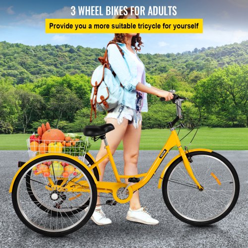 Adult Tricycle 26 in 7 Speed 3 Wheel Bike With Basket - Yellow
