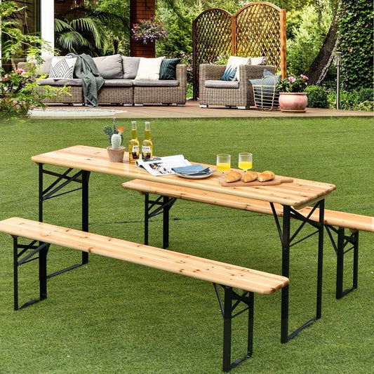 3-Piece Folding Picnic Table Bench Set, 70in Wooden Top - Black