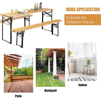 3-Piece Folding Picnic Table Bench Set, 70in Wooden Top - Black