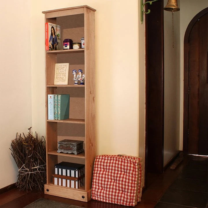 Tall Narrow Solid Pine Wood Bookcase With 5 Open Shelves