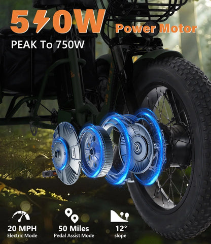YEBEI Folding Electric Tricycle for Adults, 500W Motor, 48V15AH Lithium Battery, 20 x 4.0 in Fat Tires