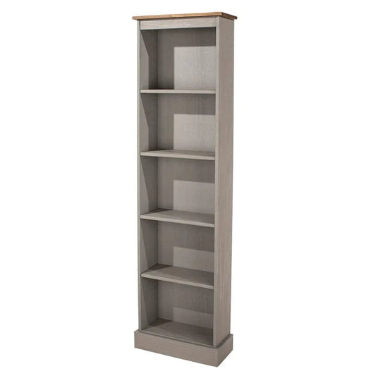 Tall Narrow Solid Pine Wood Bookcase With 5 Open Shelves
