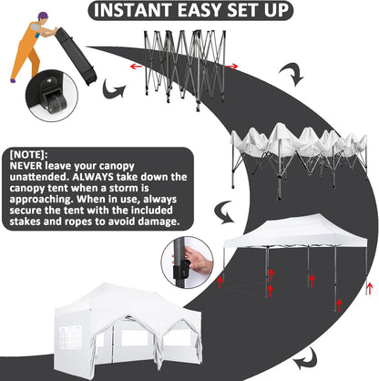 COBIZI Pop-Up Canopy 10 x 20 ft, White, 6 Sidewalls