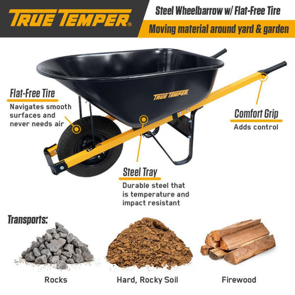 True Temper Steel Wheelbarrow 6 cu. ft. With Never Flat Tire And Steel Handles - R6STFFEC