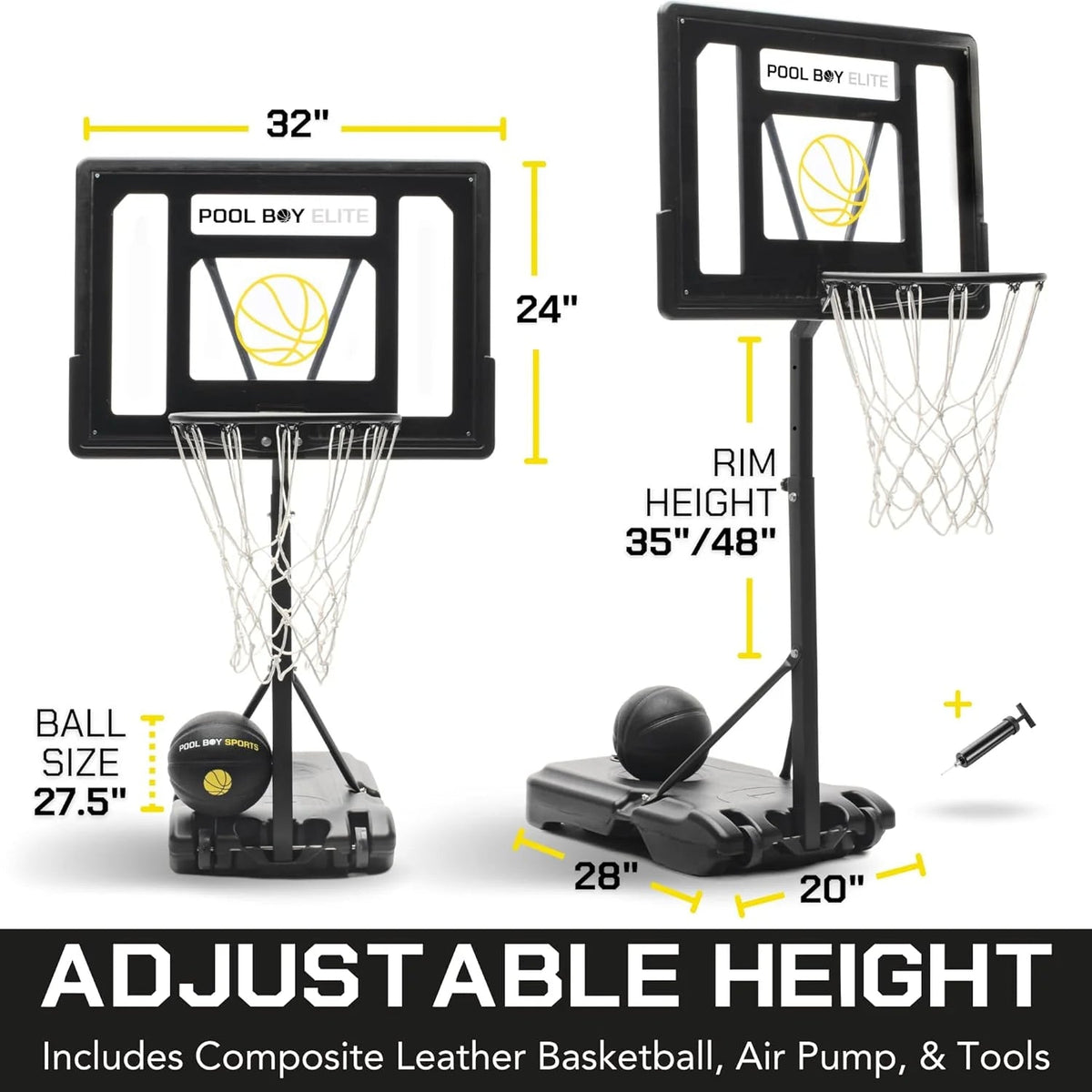 POOL BOY SPORTS Poolside Basketball Hoop With Composite Leather Basketball, Air Pump And Tools - Pool Boy Elite